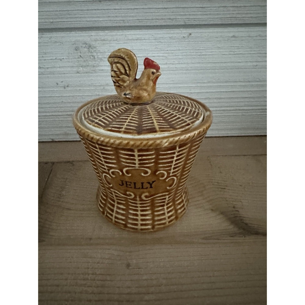 Vintage Japan Ceramic Wicker Basket Lidded Jelly Jar W/Spoon Rooster